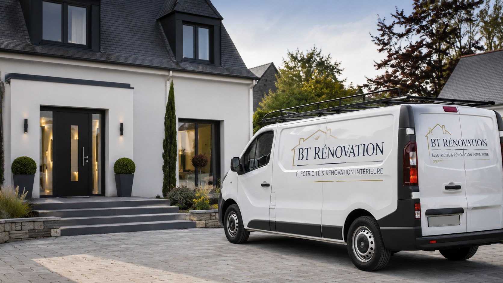 Véhicule BT Rénovation devant une maison rénovée