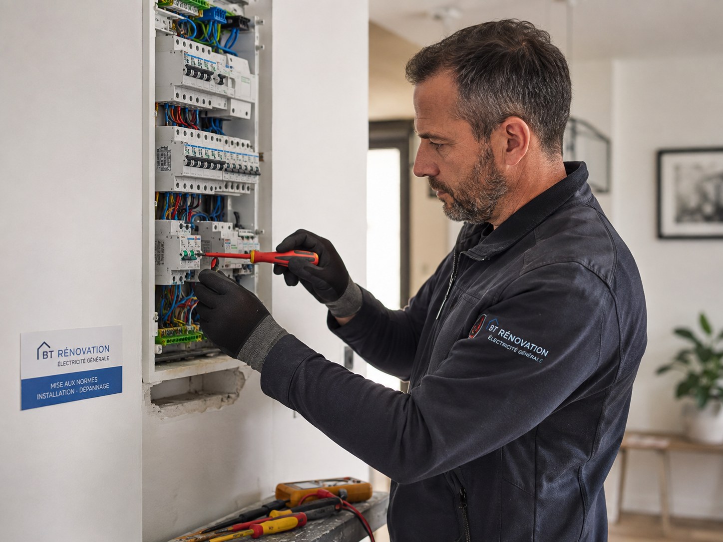 Électricien intervenant sur un tableau électrique