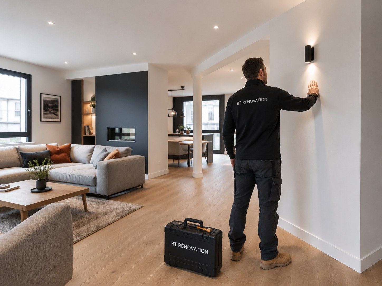 Intérieur rénové et artisan vérifiant les finitions