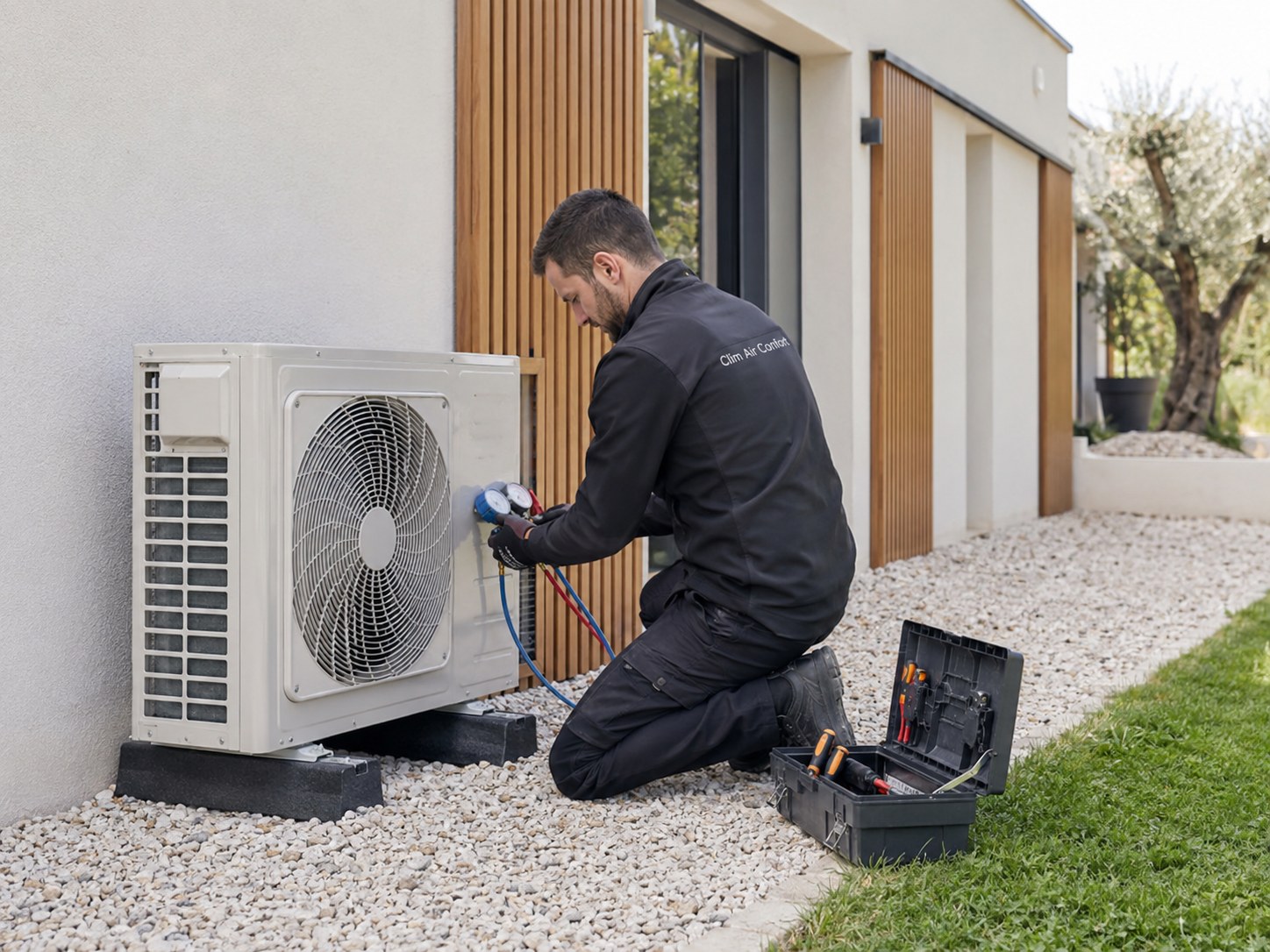 Technicien intervenant sur une unité extérieure de climatisation