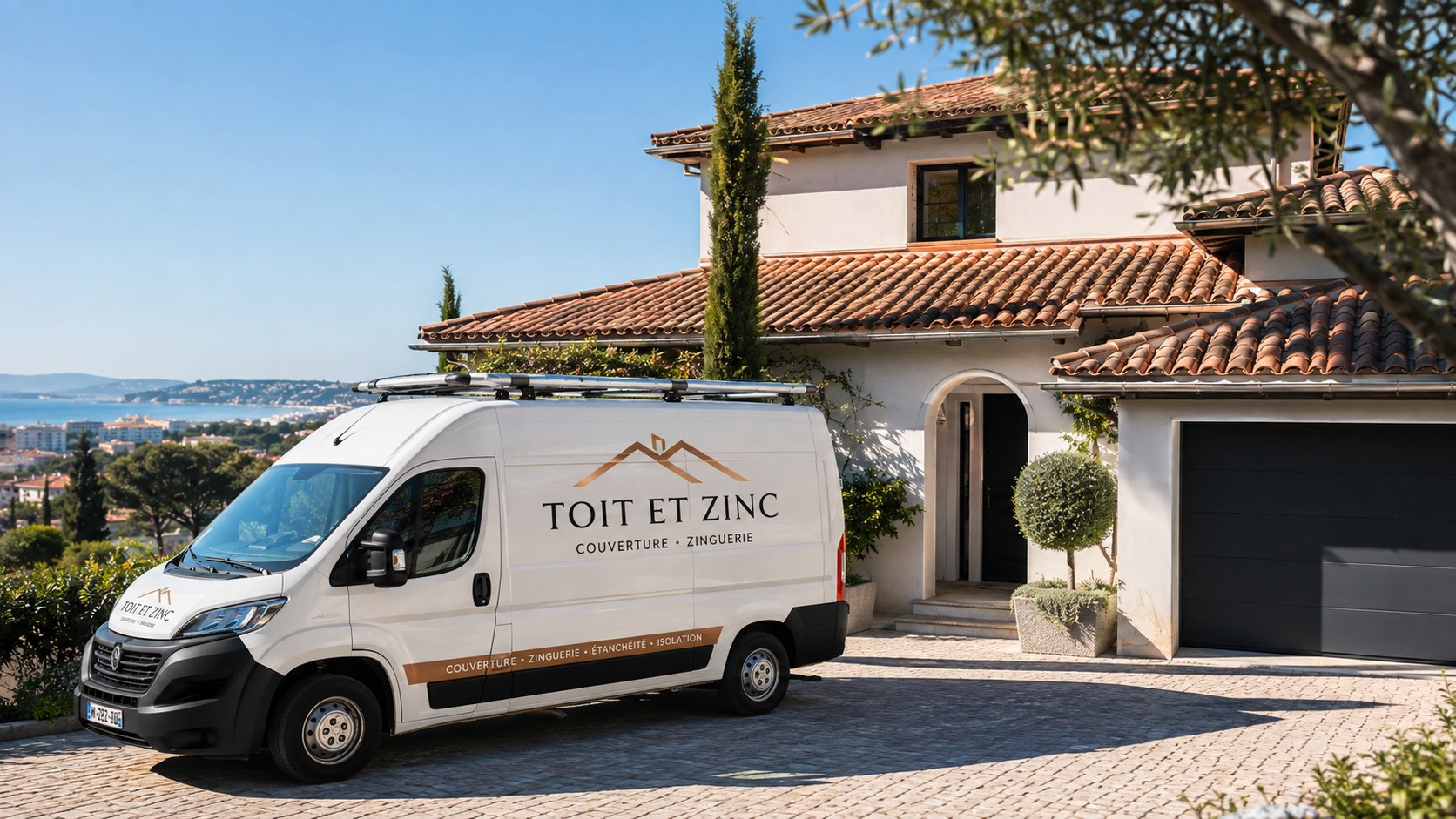 Véhicule Toit et Zinc devant une villa au Cannet